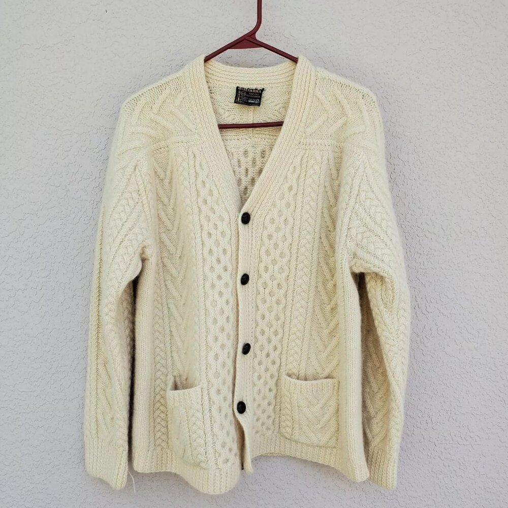 Gaeltarra Hand Knit Wool Fisherman Cable Knit Button Cardigan Sweater Sz L